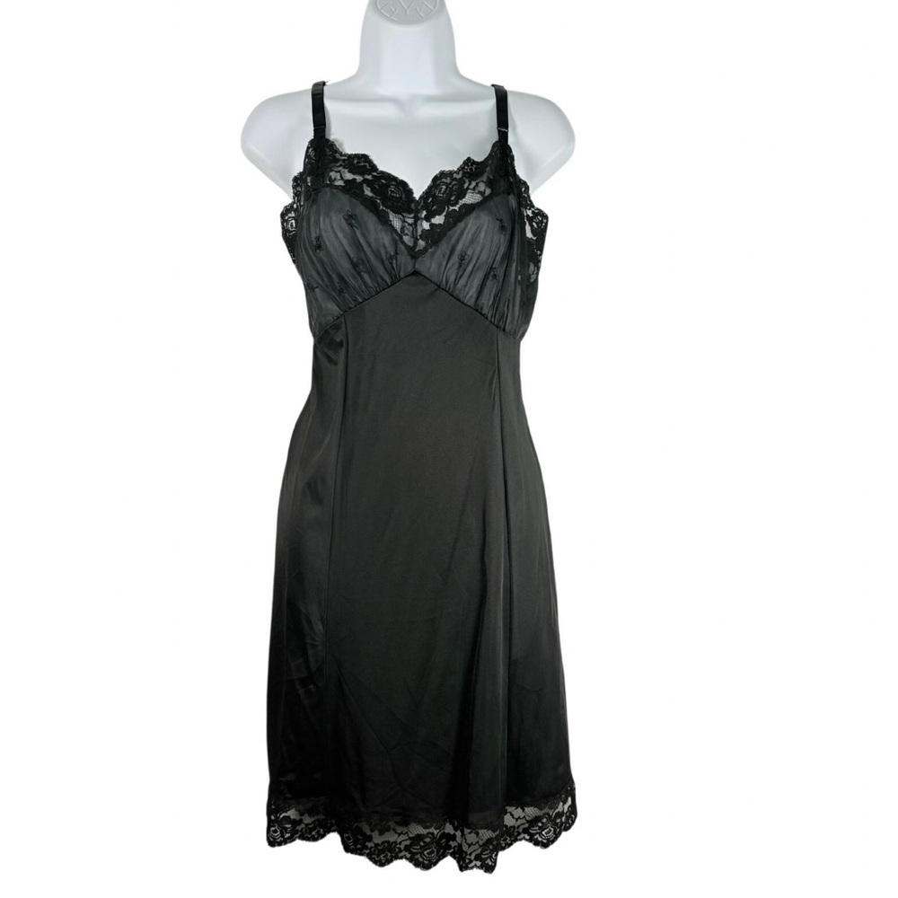 Vintage Sears Black Nylon W/ Lace Detail Chemise Sz38 Short Sexy Lace Slip Pinup